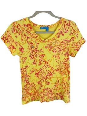 Fresh Produce 100% Cotton Yellow Pink Coral‎ V-Neck Short Sleeve T-Shirt Size S